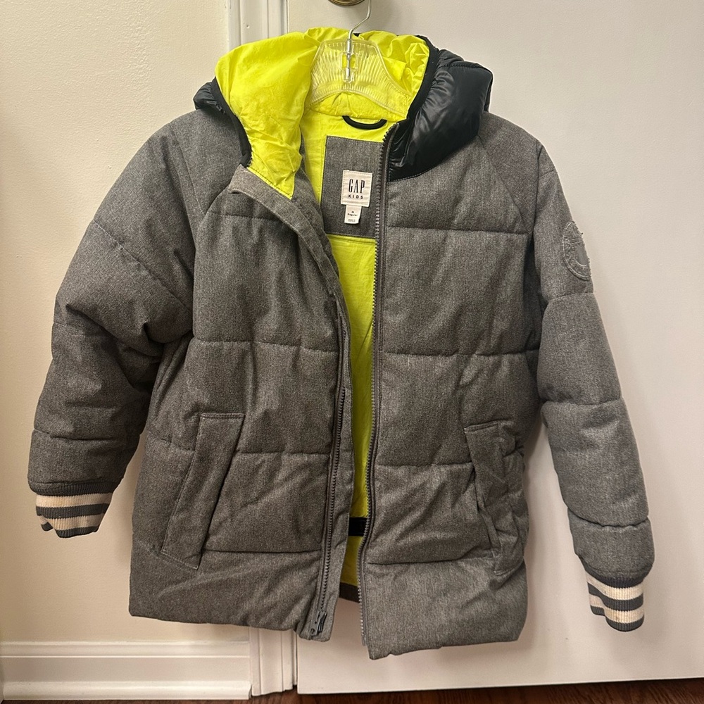GAP Kids Charcoal and Neon Yellow Puffer Jacket (M)